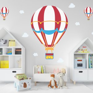 Large hot air balloon wall decal on playroom wall.