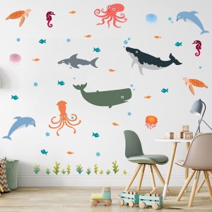 Sea creatures wall decal on playroom wall.