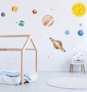 Solar System wall decal arranged on playroom wall.